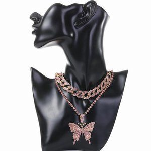 Cuban Chain Large Butterfly Necklace Pink